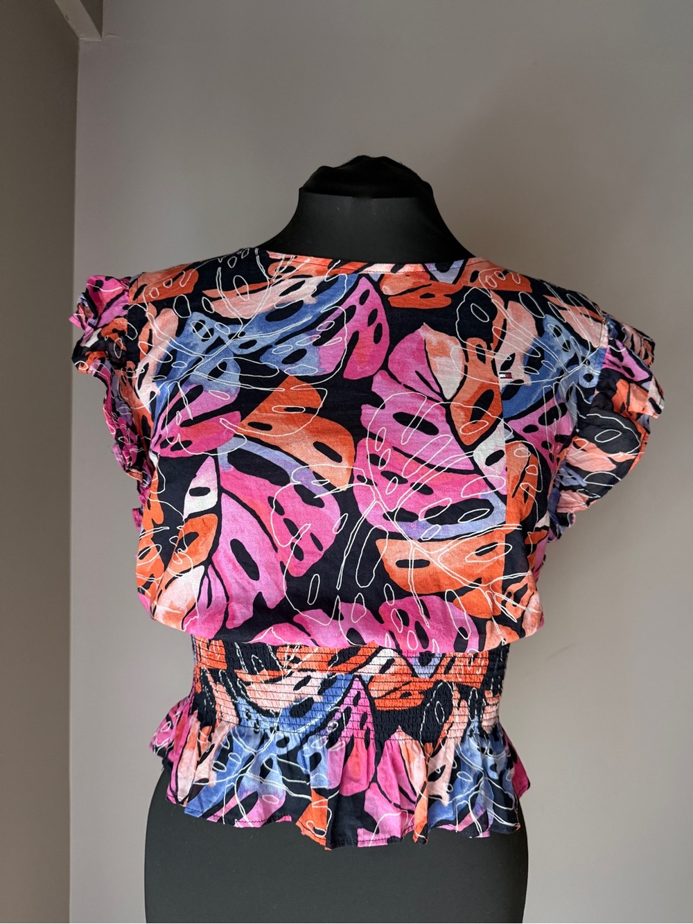 Tommy Hilfiger Floral Leaf Print Smocked Waist Top - Pink, navy & Orange